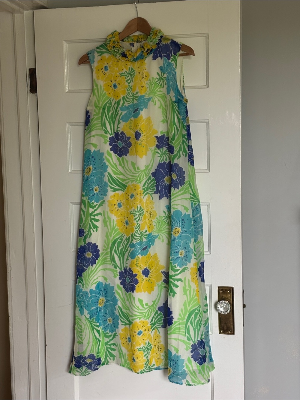 Vintage Lilly Pulitzer A-Line Sleeveless Yellow, Blue & Green Floral Dress